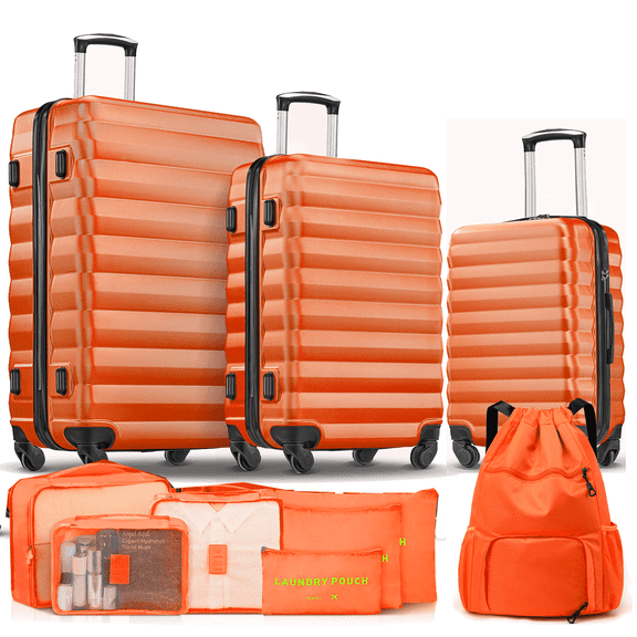 Gowill 10 Piece Hardside Luggage Set 28/24/20 inch Hardshell Lightweight Spinner Wheels Carry-on and Checked Suitcase with Backpack and 6 Packing Cubes.Orange