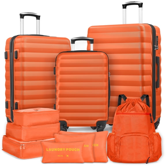 Gowill 10 Piece Hardside Luggage Set 28/24/20 inch Hardshell Lightweight Spinner Wheels Carry-on and Checked Suitcase with Backpack and 6 Packing Cubes.Orange