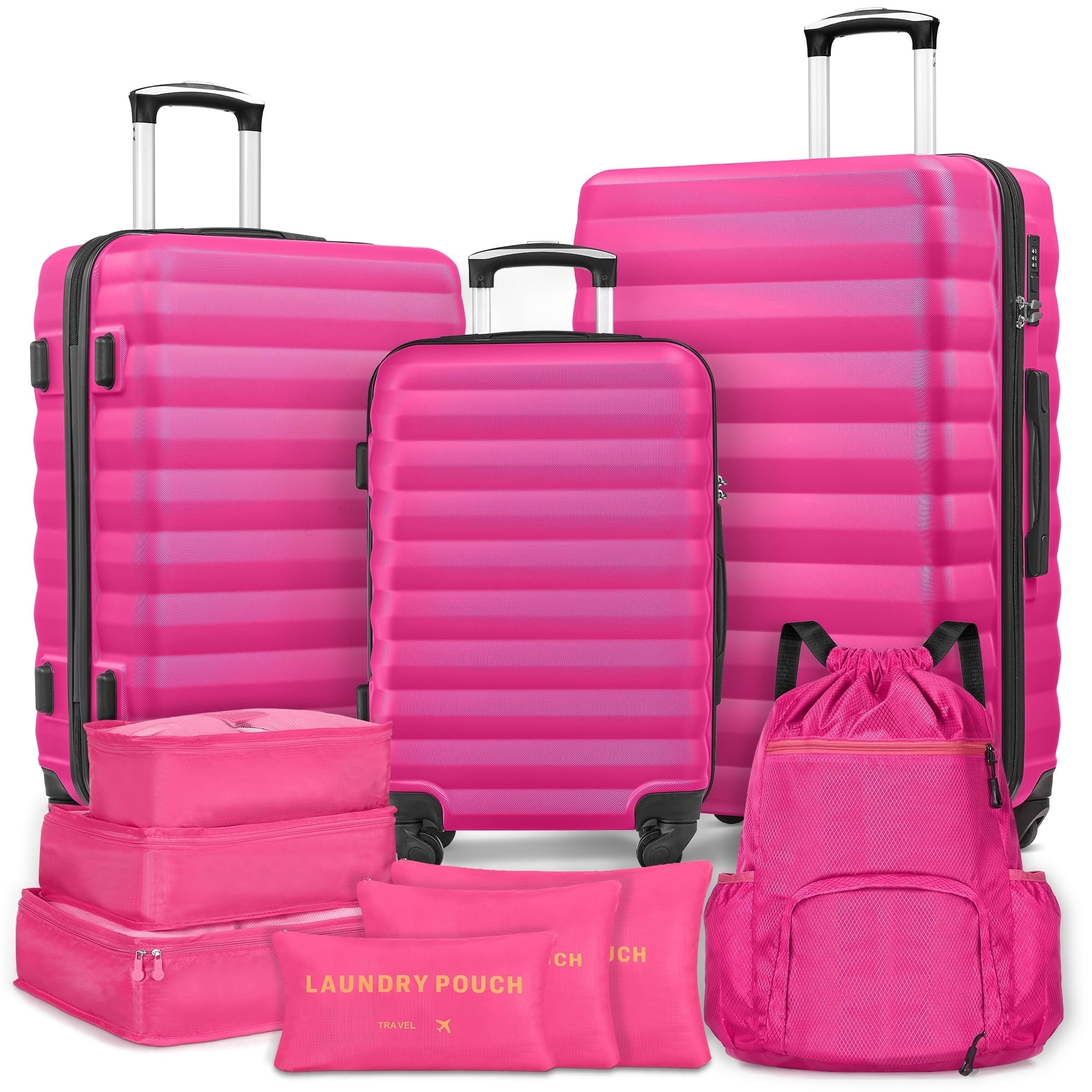 Gowill 10 Piece Hardside Luggage Set 28/24/20 inch Hardshell Lightweight Spinner Wheels Carry-on and Checked Suitcase with Backpack and 6 Packing Cubes.Rose Red