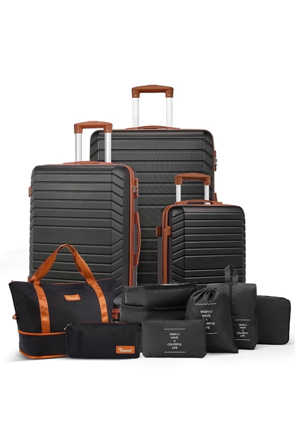 12 Piece Luggage Sets,28/24/20 inch ABS Carry-on and Checked Suitcase Large Travel Suitcase Set with 7 Organizer Bags and Expandable Duffel Bag,Black Tan