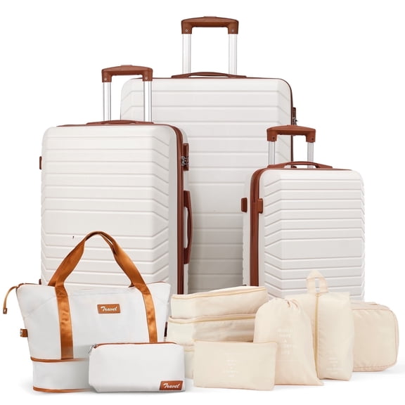 Gowill 12 Piece Luggage Sets,28/24/20 inch ABS Carry-on and Checked Suitcase Large Travel Suitcase Set with 7 Organizer Bags and Expandable Duffel Bag,White Tan