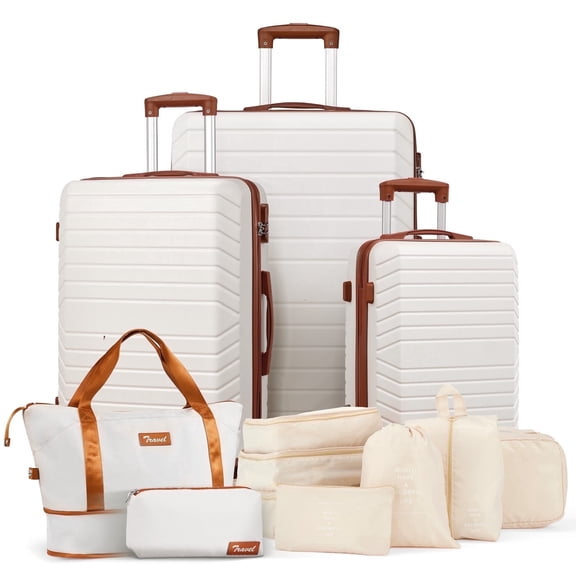 Gowill 12 Piece Luggage Sets,28/24/20 inch ABS Carry-on and Checked Suitcase Large Travel Suitcase Set with 7 Organizer Bags and Expandable Duffel Bag,White Tan