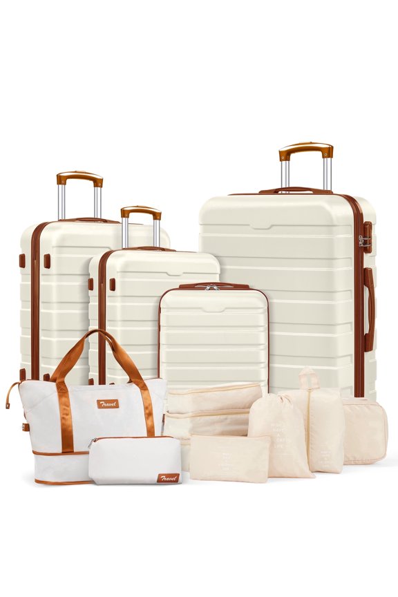 13 Piece Luggage Sets, 16/20/24/28 inch Hardside Lightweight Suitcase with 7PCS Packing Cubes, With Expandable Duffle Bag (White Tan)