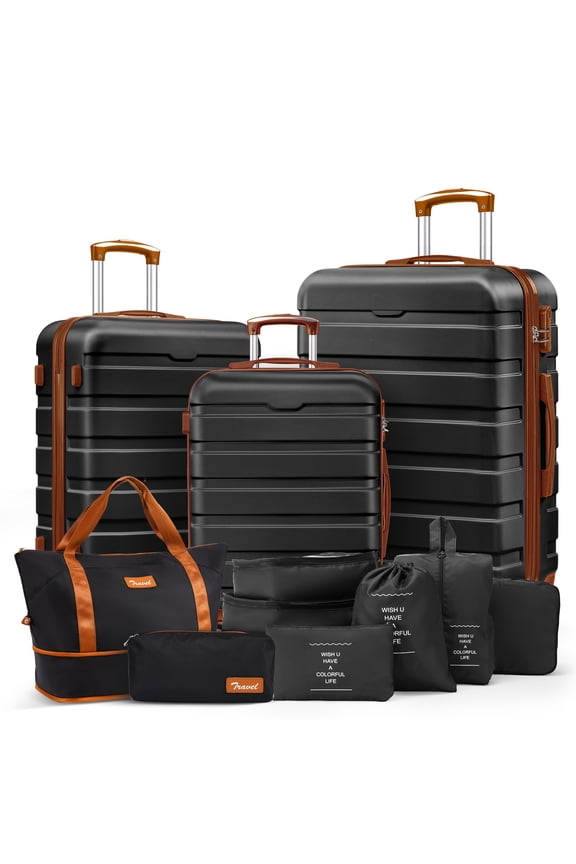 13 Piece Luggage Sets, 20/24/28 inch Hardside Lightweight Suitcase with 7PCS Packing Cubes, With Expandable Duffle Bag (Black Tan)