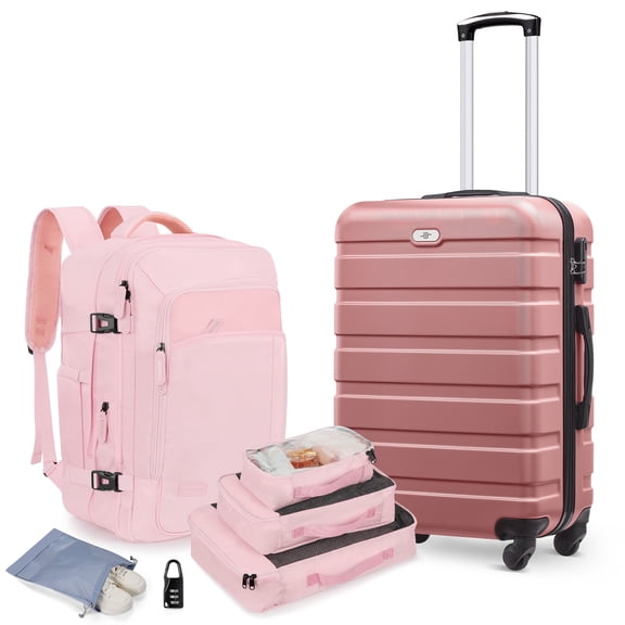 Gowill 2 Piece Hardside Luggage Set 20 inch Hardshell Lightweight Spinner Wheels Carry-on Suitcase with Backpack.Pink