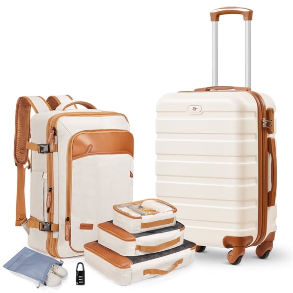 Gowill 2 Piece Hardside Luggage Set 20 inch Hardshell Lightweight Spinner Wheels Carry-on Suitcase with Backpack.White Tan