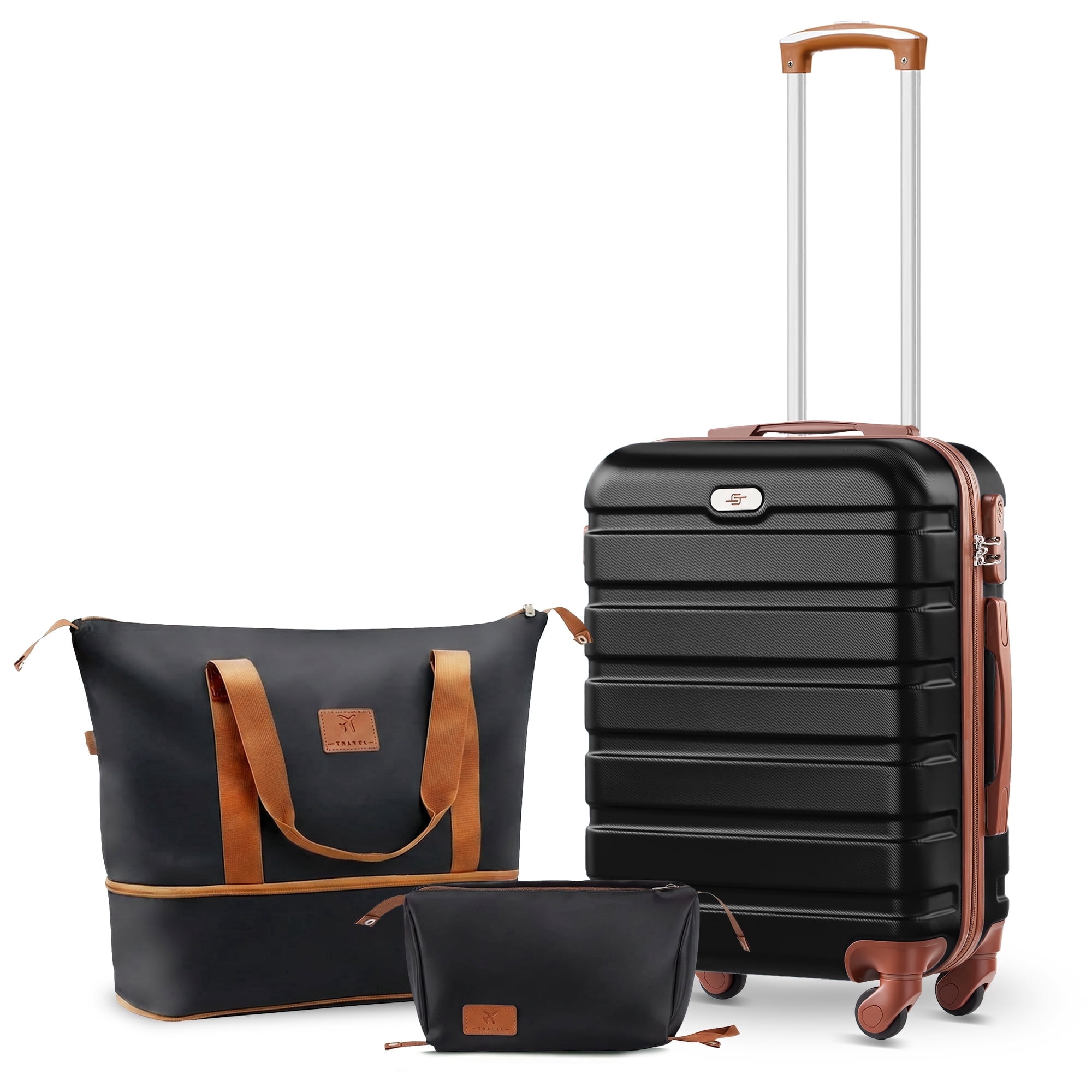 Gowill 3 Piece Luggage Sets,20 inch Hardside Lightweight ABS Carry-On Suitcase With Expandable Duffle Bag (Black Tan)
