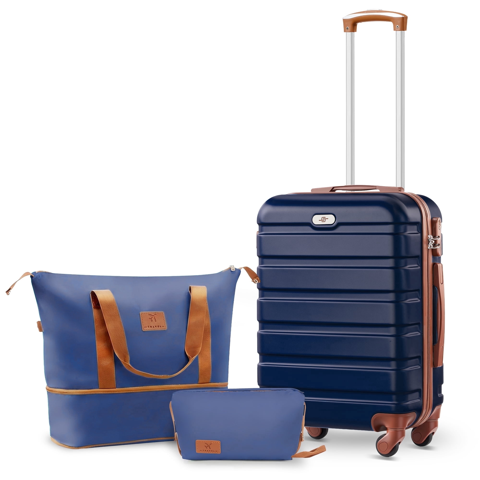 Gowill 3 Piece Luggage Sets,20 inch Hardside Lightweight ABS Carry-On Suitcase With Expandable Duffle Bag (Navy Blue Tan)