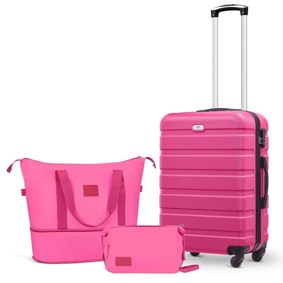 Gowill 3 Piece Luggage Sets,20 inch Hardside Lightweight ABS Carry-On Suitcase With Expandable Duffle Bag (Rose Red)