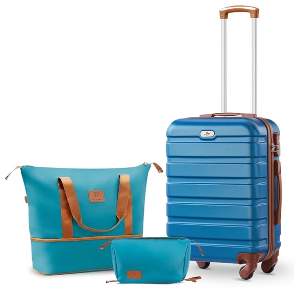 Gowill 3 Piece Luggage Sets,20 inch Hardside Lightweight ABS Carry-On Suitcase With Expandable Duffle Bag (Sky Blue Tan)