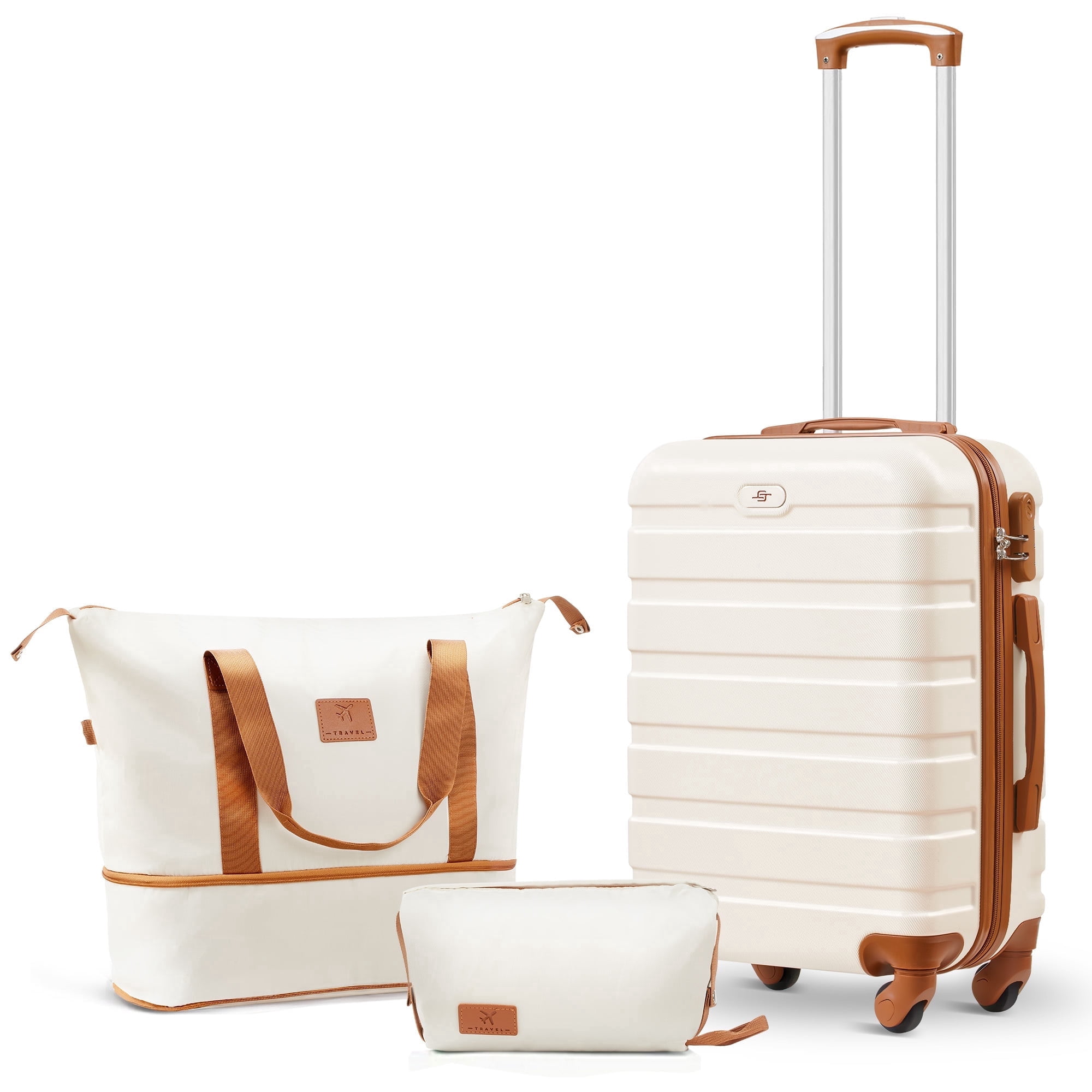 Gowill 3 Piece Luggage Sets,20 inch Hardside Lightweight ABS Carry-On Suitcase With Expandable Duffle Bag (White Tan)