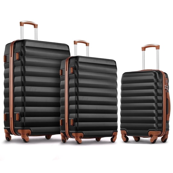 Gowill 3 Piece Luggage Sets 20"/24"/28" Lightweight Hardside ABS Checked Suitcases with Spinner Wheels, Black&Brown