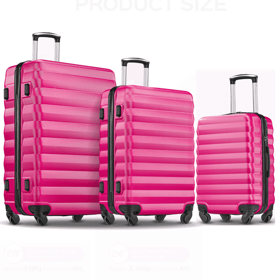 Gowill 3 Piece Luggage Sets 20"/24"/28" Lightweight Hardside ABS Checked Suitcases with Spinner Wheels, Rose Red