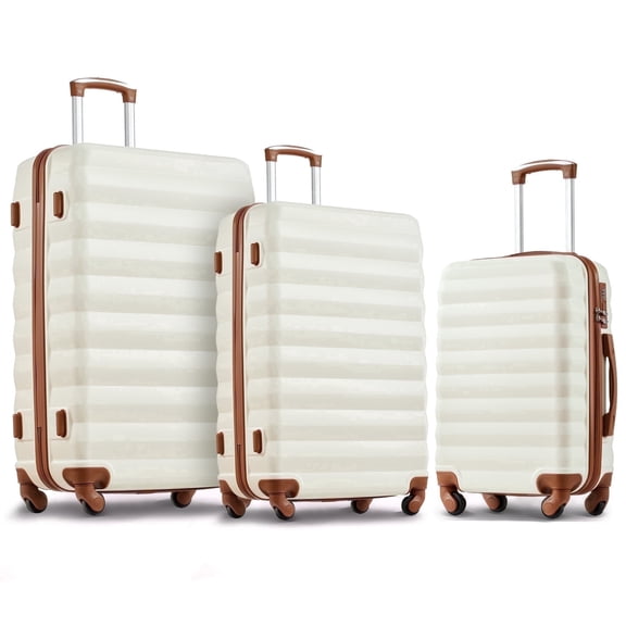 Gowill 3 Piece Luggage Sets 20"/24"/28" Lightweight Hardside ABS Checked Suitcases with Spinner Wheels, White&Brown