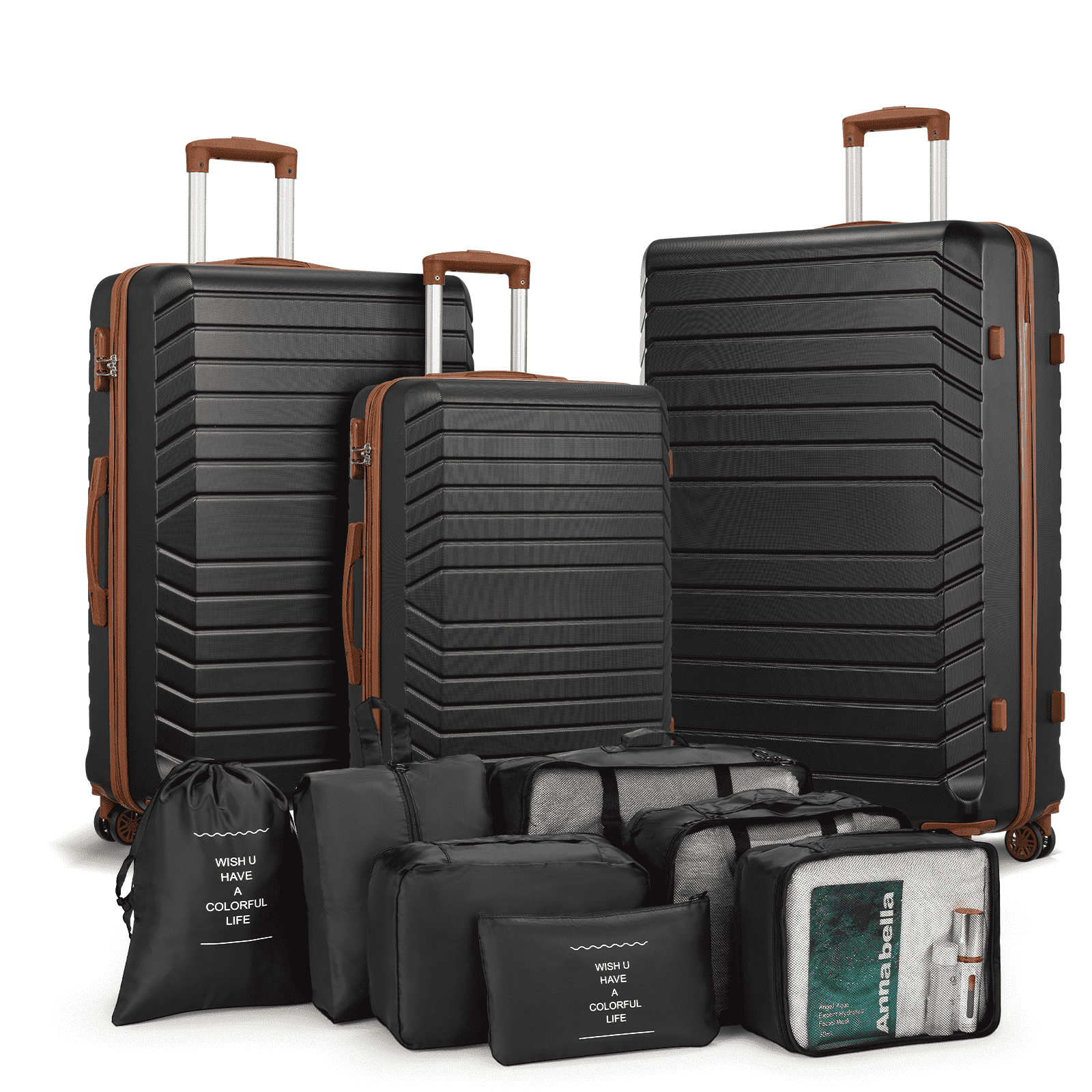 Gowill 3 Piece Luggage Sets 20/24/28 inch Travel Suitcase Set with 7PCS Organizer Bags, Black Tan
