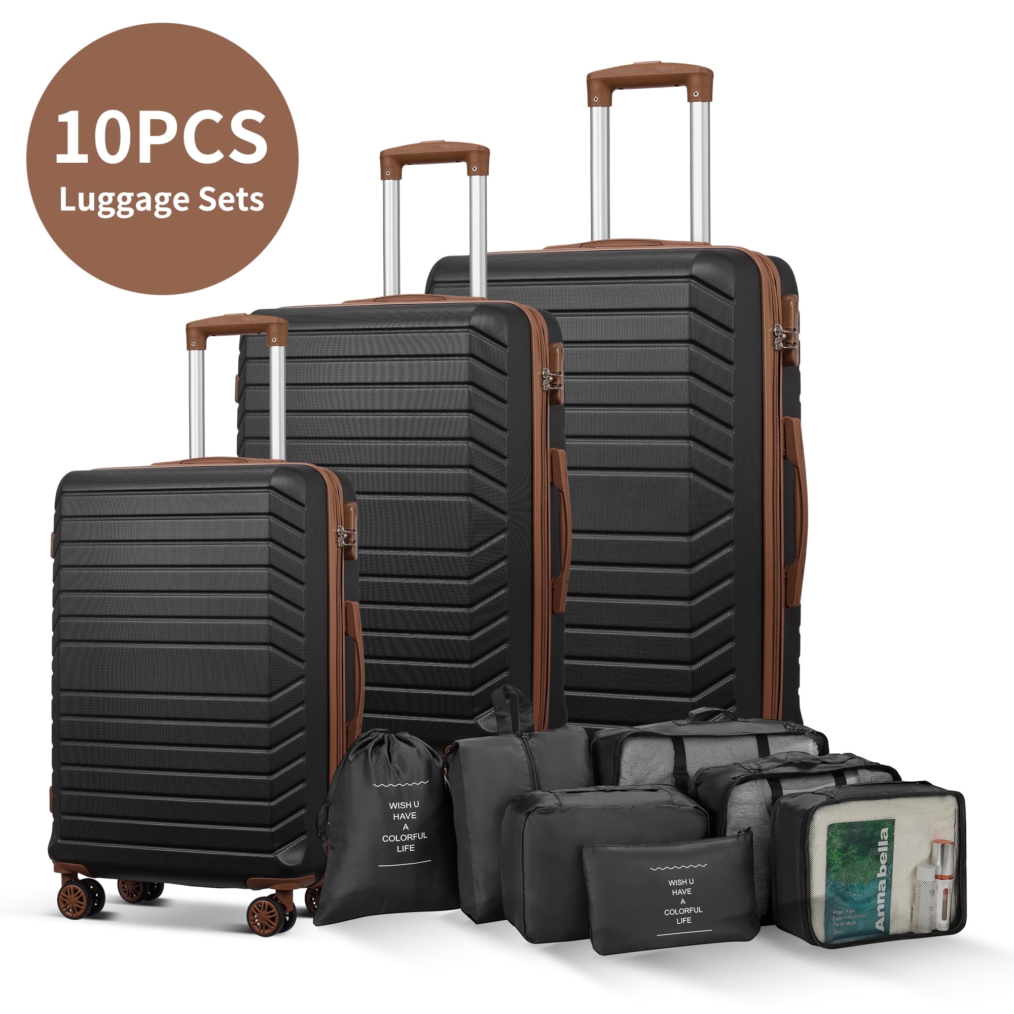 3 Piece Luggage Sets Travel Suitcase Set with 7PCS Organizer Bags, Black&Brown