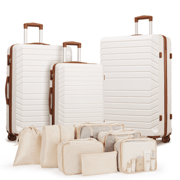 Gowill 3 Piece Luggage Sets 20/24/28 inch Travel Suitcase Set with 7PCS Organizer Bags, White Tan