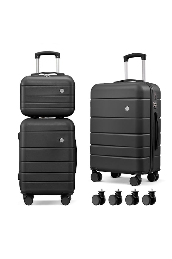 3 Piece Suitcase Set 14/18/20 inch Hardside Suitcase with Spinner Wheels Detachable Lightweight Carry on Luggage (Black)