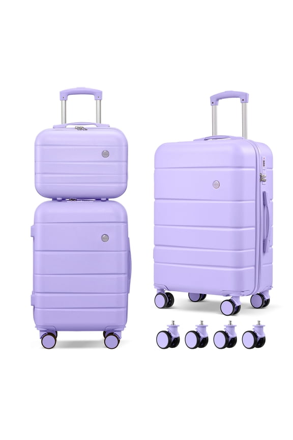 3 Piece Suitcase Set 14/18/20 inch Hardside Suitcase with Spinner Wheels Detachable Lightweight Carry on Luggage (Purple)