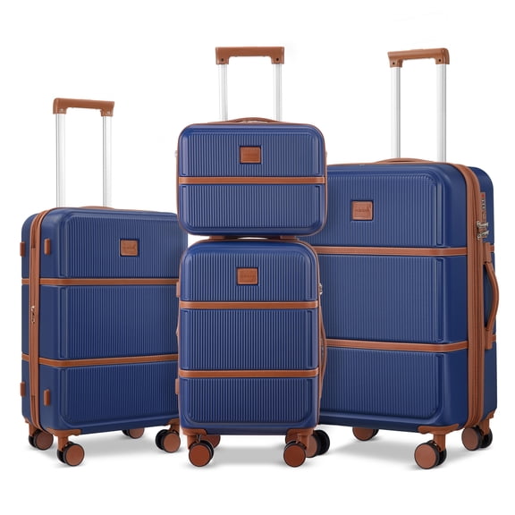 Gowill 4 Piece Luggage Set 27/23/19/14 inch Hardshell Lightweight Carry-on and Checked Suitcase with Spinner Wheels.Navy Tan