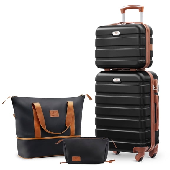 Gowill 4 Piece Luggage Sets,14/20 inch Hardside Lightweight ABS Carry-On Suitcase With Expandable Duffle Bag (Black Tan)