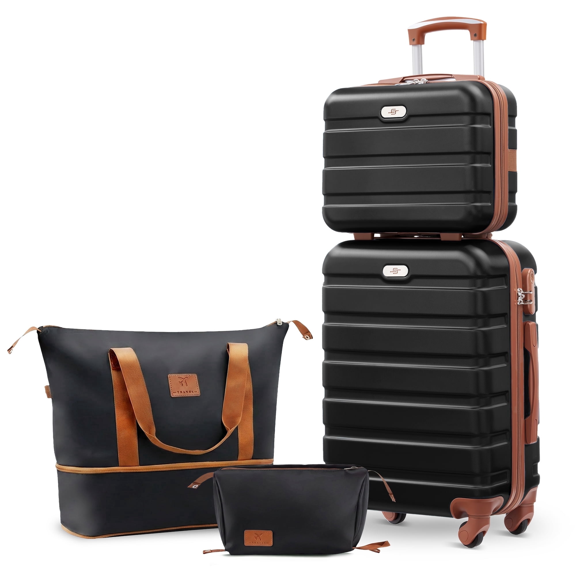 Gowill 4 Piece Luggage Sets,14/20 inch Hardside Lightweight ABS Carry-On Suitcase With Expandable Duffle Bag (Black Tan)