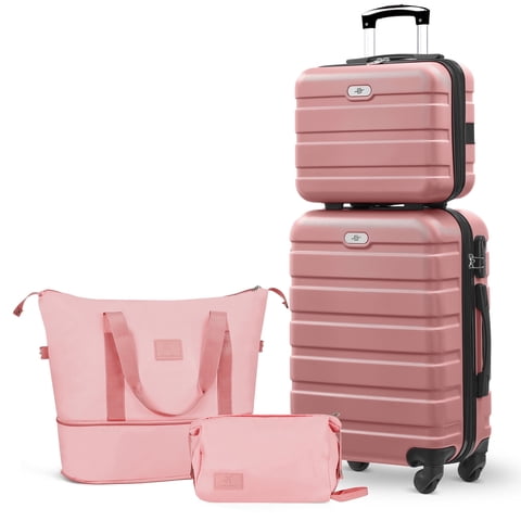 Gowill 4 Piece Luggage Sets,14/20 inch Hardside Lightweight ABS Carry-On Suitcase With Expandable Duffle Bag (Pink)