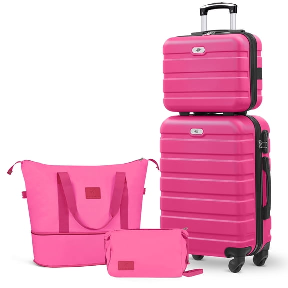 Gowill 4 Piece Luggage Sets,14/20 inch Hardside Lightweight ABS Carry-On Suitcase With Expandable Duffle Bag (Rose Red)