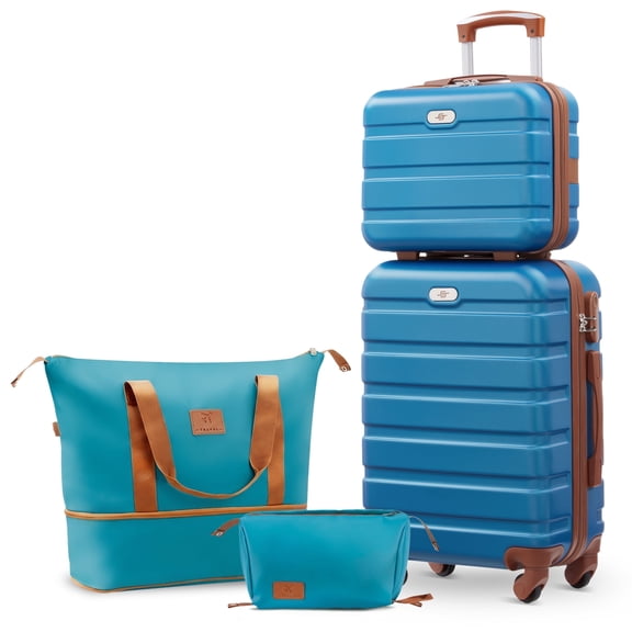Gowill 4 Piece Luggage Sets,14/20 inch Hardside Lightweight ABS Carry-On Suitcase With Expandable Duffle Bag (Sky Blue Tan)