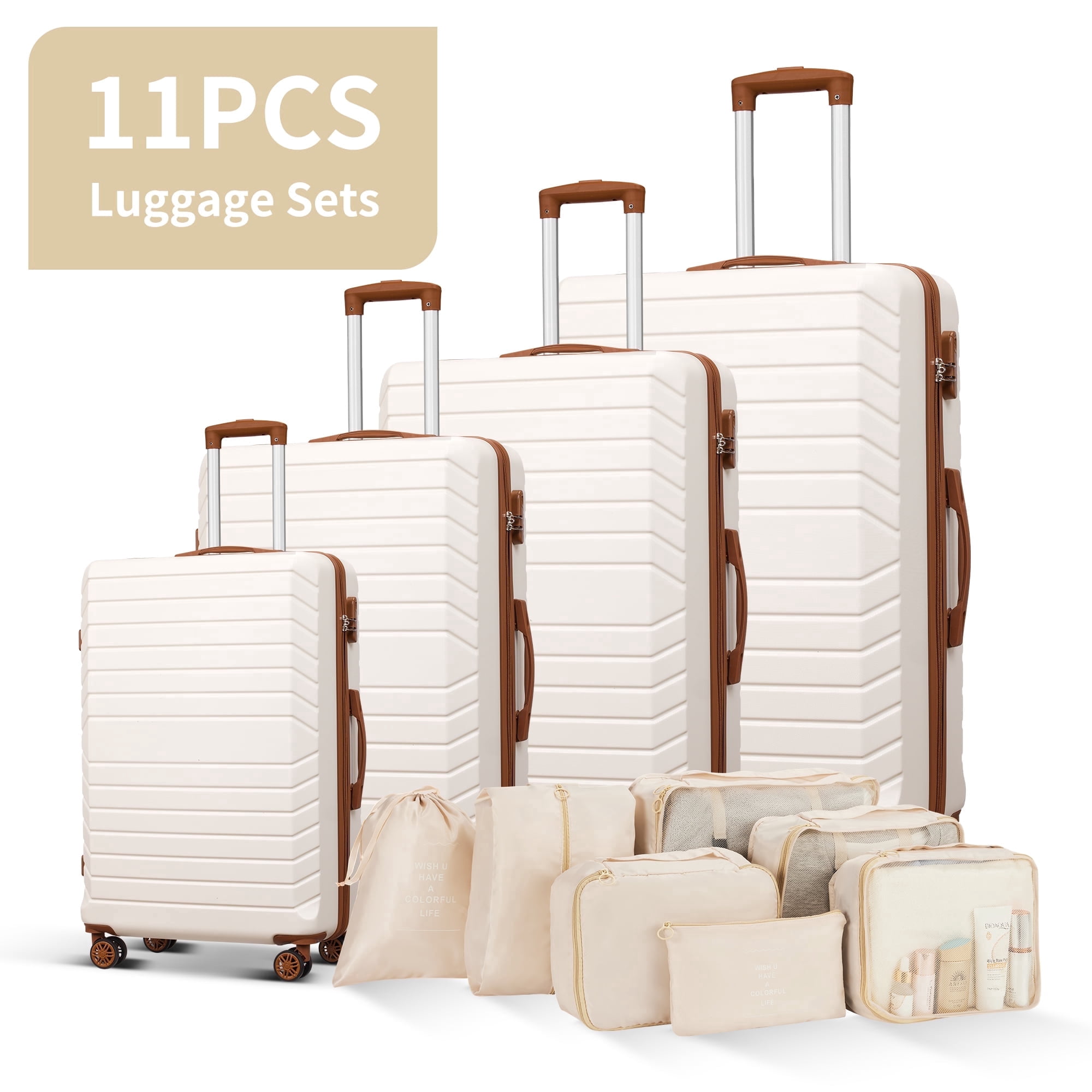 4 Piece Luggage Sets Travel Suitcase Set,20/24/28/32 inch Luggage with 7PCS Organizer Bags, White&Brown