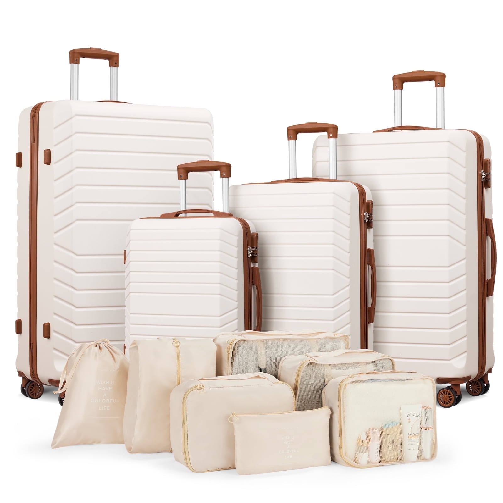 Walmart Cyber Monday Deals 2025 Gowill 4 Piece Luggage Sets with 7 Pieces Organizer Bags, 20/24/28/32 inch ABS Carry-on and Checked Suitcase Large Travel Sets, White Tan