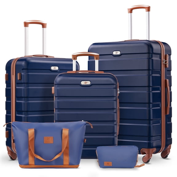 Gowill 5 Piece Luggage Sets,20/24/28 inch Hardside Lightweight ABS Suitcase With Expandable Duffle Bag (Navy Blue Tan)