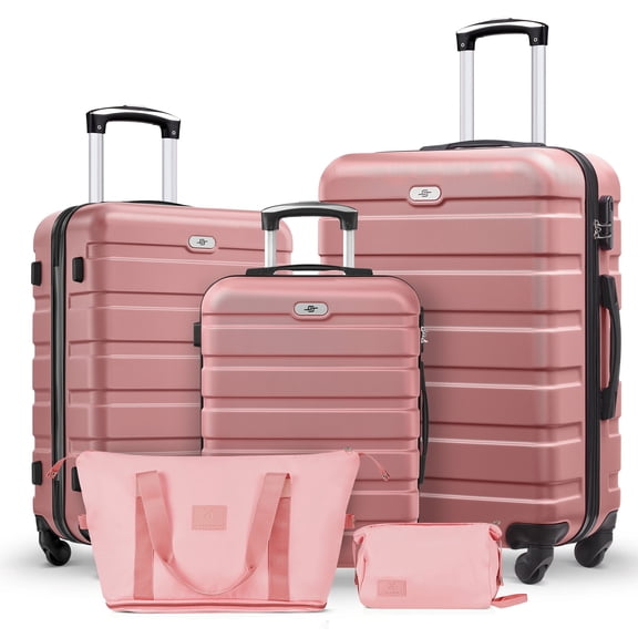 Gowill 5 Piece Luggage Sets,20/24/28 inch Hardside Lightweight ABS Suitcase With Expandable Duffle Bag (Rose Gold)