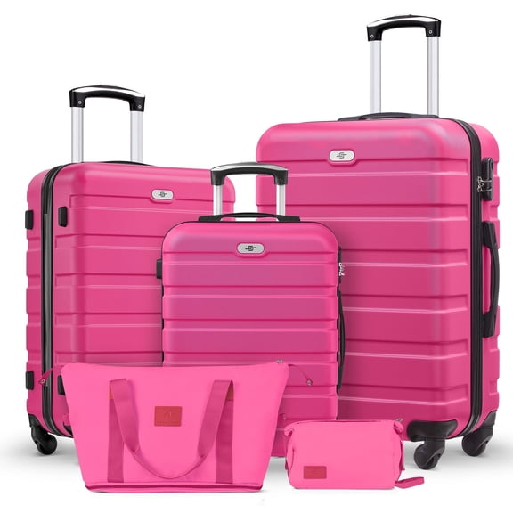 Gowill 5 Piece Luggage Sets,20/24/28 inch Hardside Lightweight ABS Suitcase With Expandable Duffle Bag (Rose Red)