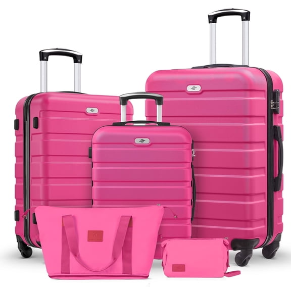 Gowill 5 Piece Luggage Sets,20/24/28 inch Hardside Lightweight ABS Suitcase With Expandable Duffle Bag (Rose Red)