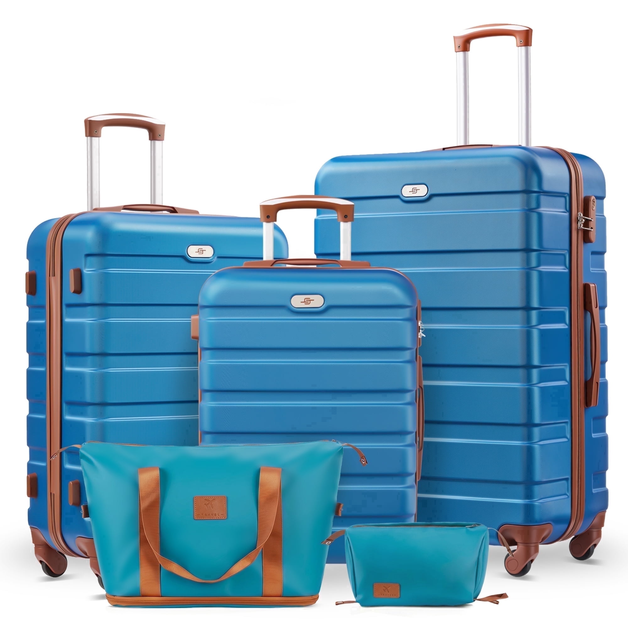 Gowill 5 Piece Luggage Sets,20/24/28 inch Hardside Lightweight ABS Suitcase With Expandable Duffle Bag (Sky Blue Tan)