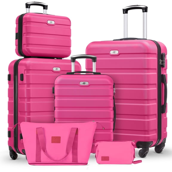 Gowill 6 Piece Luggage Sets,13/20/24/28 inch Hardside Lightweight ABS Suitcase With Expandable Duffle Bag (Rose Red)