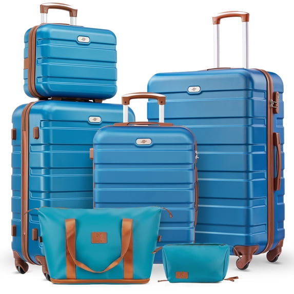 Gowill 6 Piece Luggage Sets,13/20/24/28 inch Hardside Lightweight ABS Suitcase With Expandable Duffle Bag (Sky Blue Tan)