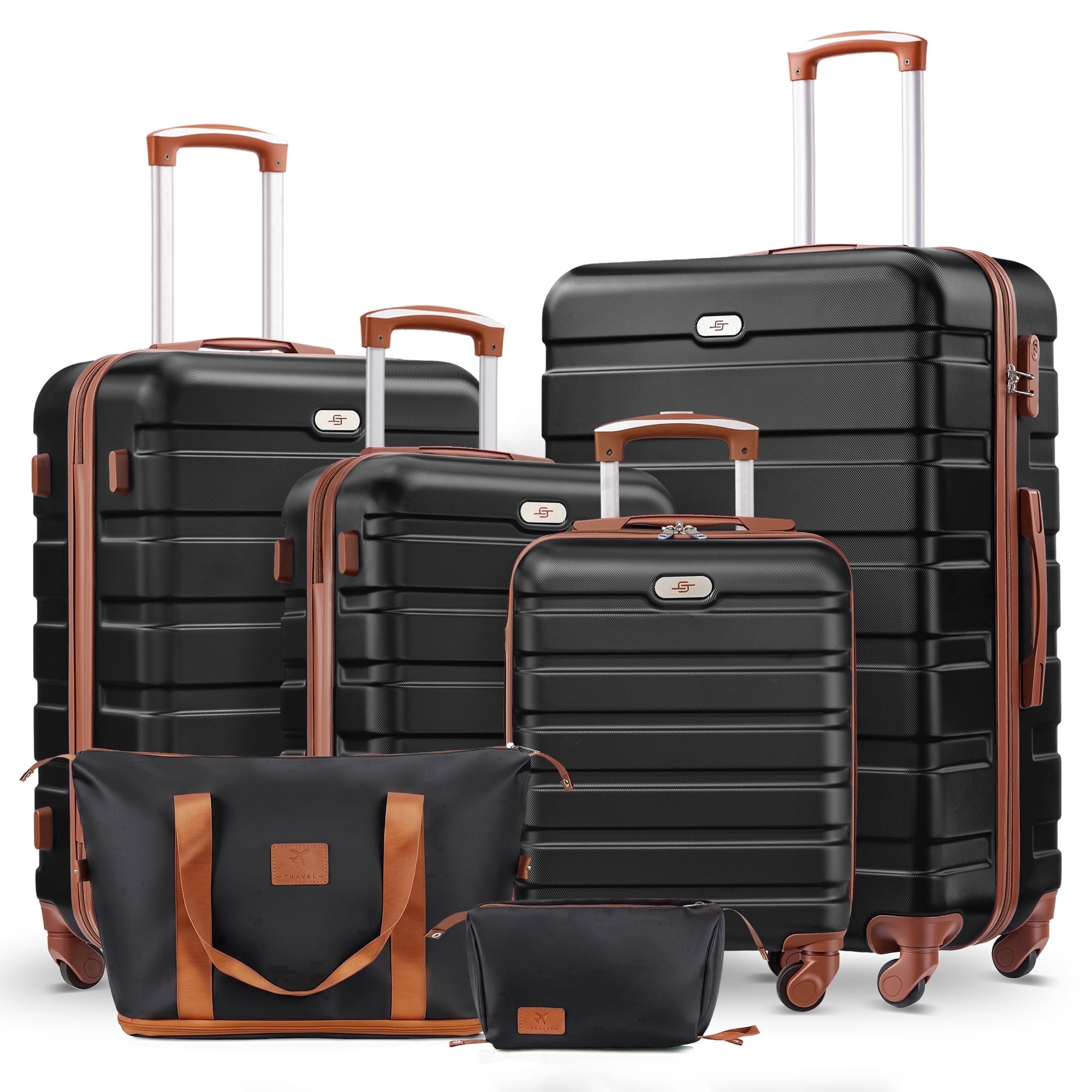 Gowill 6 Piece Luggage Sets,16/20/24/28 inch Hardside Lightweight ABS Suitcase With Expandable Duffle Bag (Black Tan)