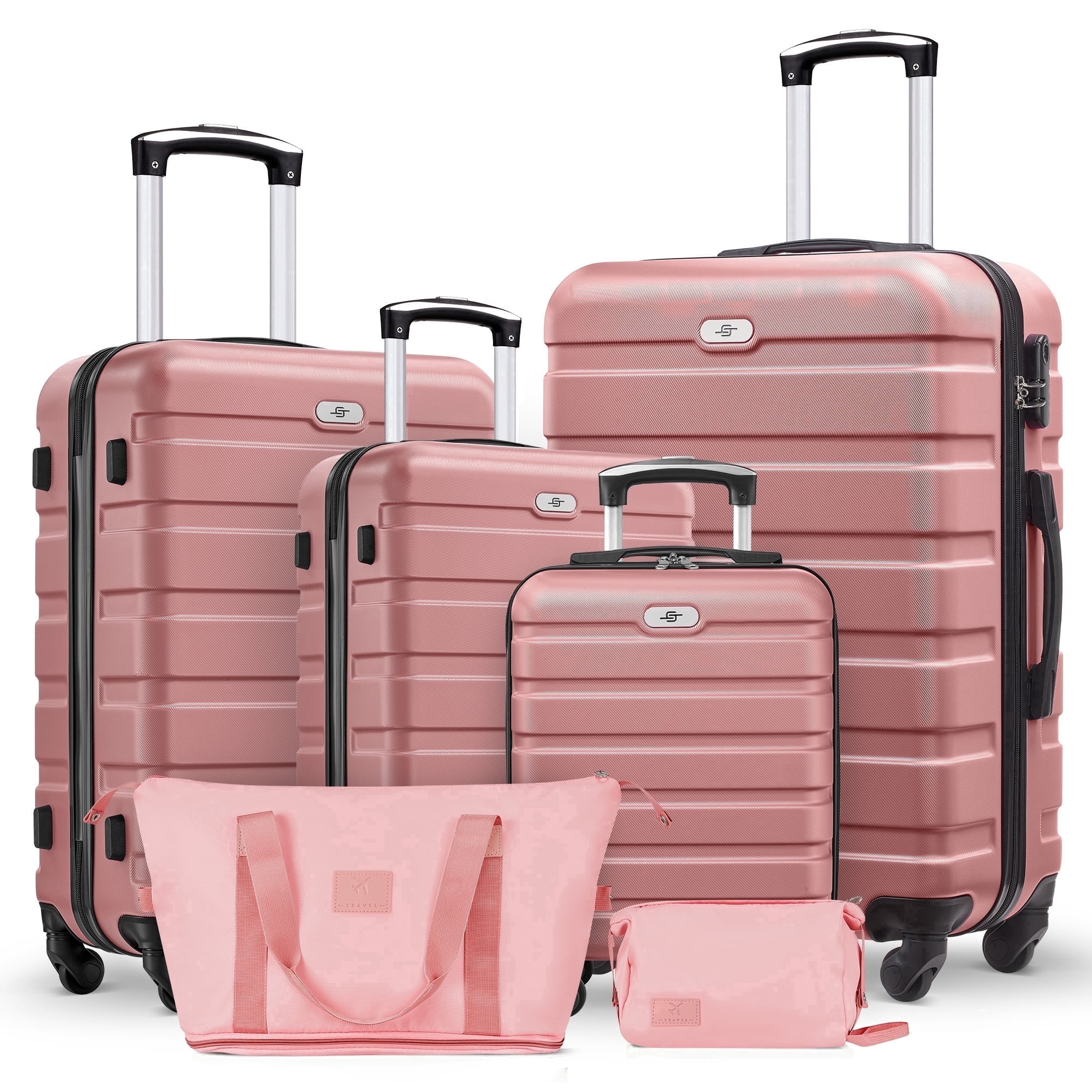 Gowill 6 Piece Luggage Sets,16/20/24/28 inch Hardside Lightweight ABS Suitcase With Expandable Duffle Bag (Rose Gold)