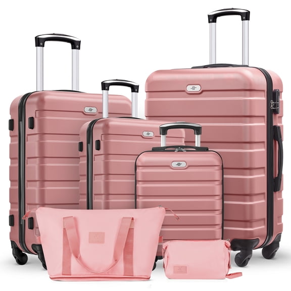 Gowill 6 Piece Luggage Sets,16/20/24/28 inch Hardside Lightweight ABS Suitcase With Expandable Duffle Bag (Rose Gold)
