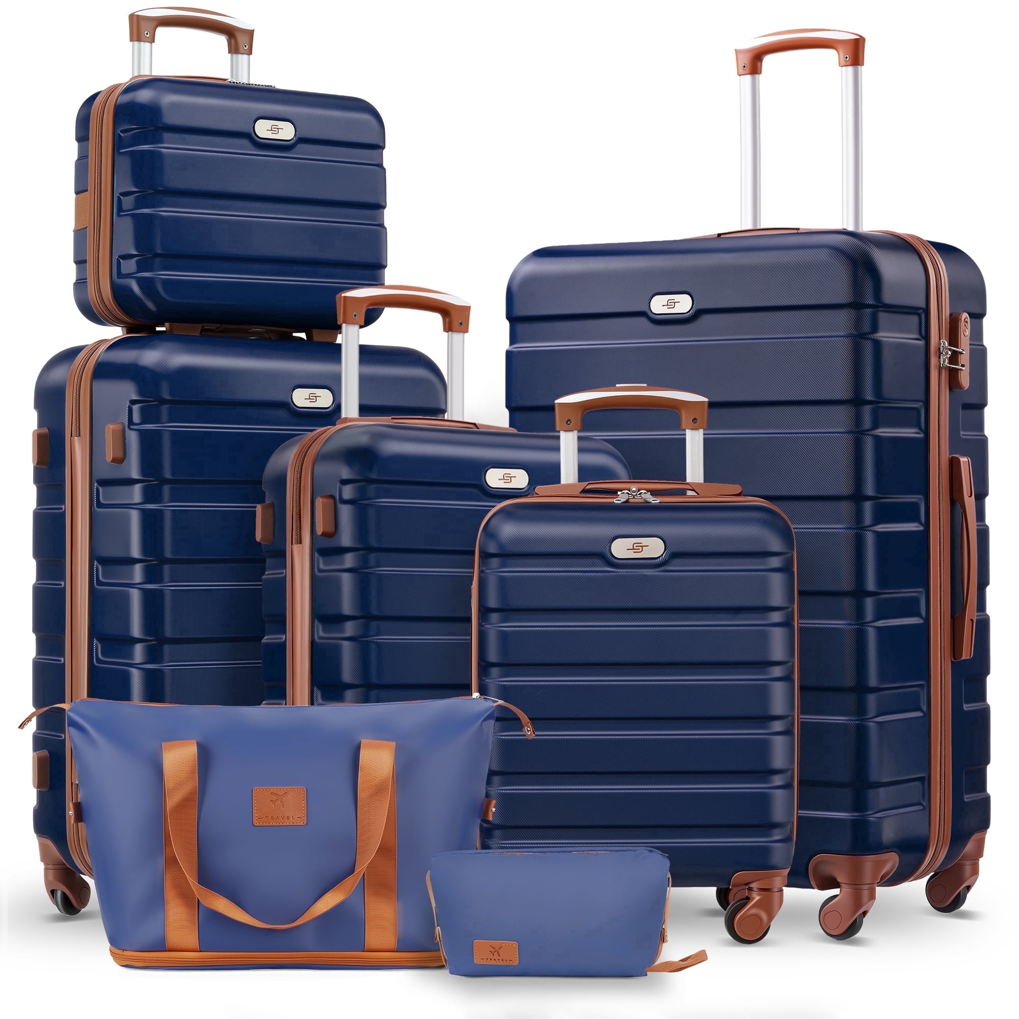 Gowill 7 Piece Luggage Sets,13/16/20/24/28 inch Hardside Lightweight ABS Suitcase With Expandable Duffle Bag (Navy Blue Tan)