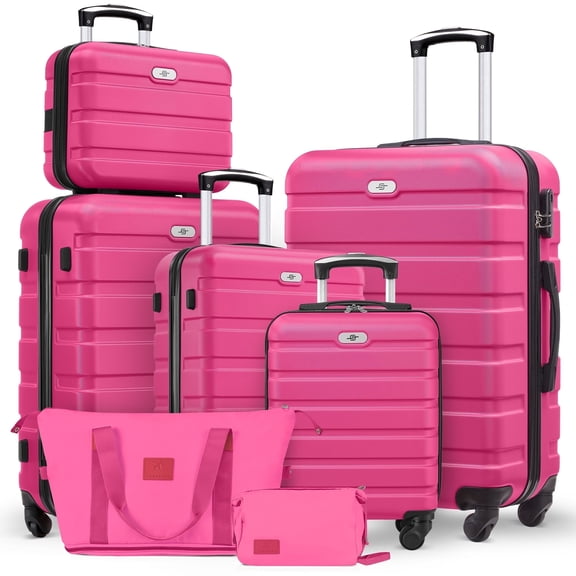 Gowill 7 Piece Luggage Sets,13/16/20/24/28 inch Hardside Lightweight ABS Suitcase With Expandable Duffle Bag (Rose Red)