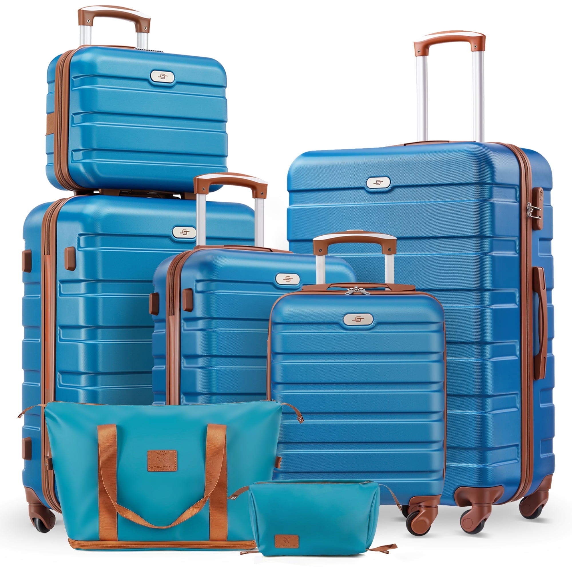 Gowill 7 Piece Luggage Sets,13/16/20/24/28 inch Hardside Lightweight ABS Suitcase With Expandable Duffle Bag (Sky Blue Tan)