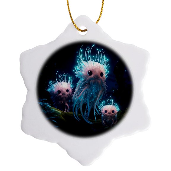 3drose, Gowing Furry Creatures with Tendrils and Large Eyes, in a Dark Forest., 3 inch Snowflake Porcelain Ornament