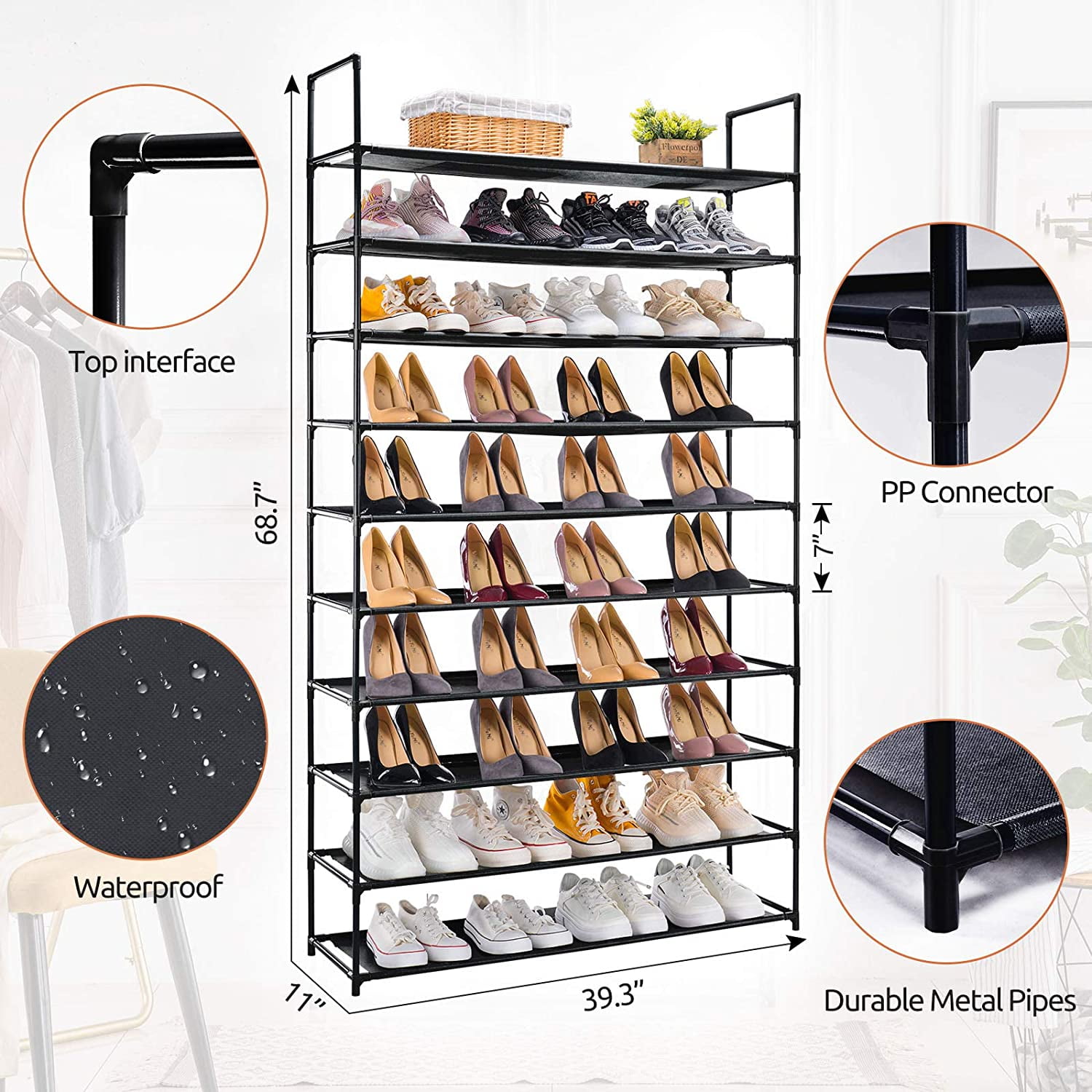 HOKEEPER Oxford Fabric 10 Tiers Shoe Rack,Improved Heavy Duty 50 Pairs Shoe  Organizer Storage Shelf, Standing Shoe Rack Supports 15lbs per tier for  boots, Heels…