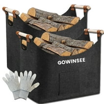 Gowinsee 2Pack Firewood Baskets with Storage Bag, Foldable Large Wood Basket for Firewood, Firewood Basket with Reinforced Wooden Handle, Felt Bags, Shopper for Firewood, Firewood(Grey)