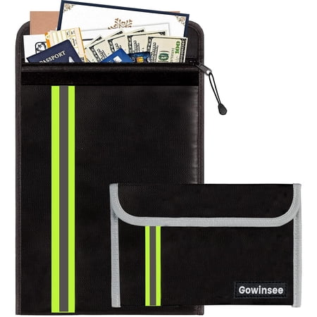 Gowinsee Improved 2 Pieces Fireproof Document Bag (38 x 28.5 cm), Silicone Coated Fireproof Waterproof Briefcase for A4 Documents, Passport Bank File, Money valuables (Black)