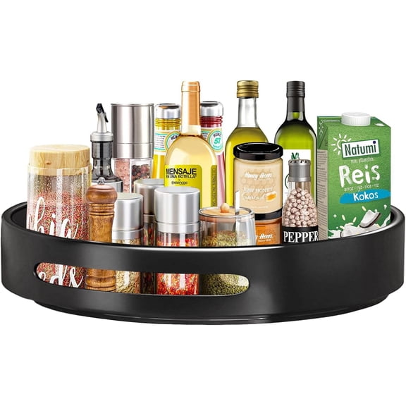 SKYWEE Lazy Susan Turntable Organiser 360 Turntable Fridge Spice Rack Suitable for Kitchens Pantry Cabinet Tables Fridge Worktop Surface Tables, Metal Steel, Black