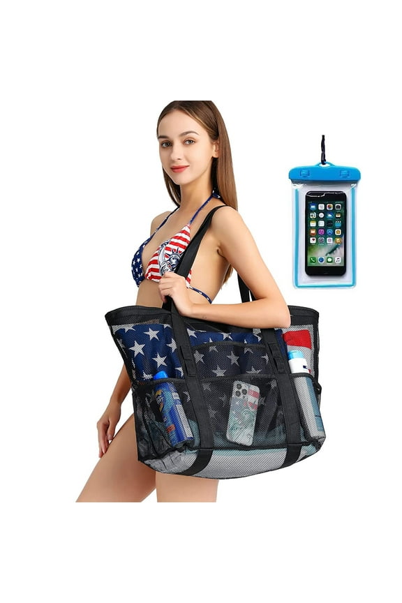 Women's Ripstop Mesh Beach Tote Handbag, Black